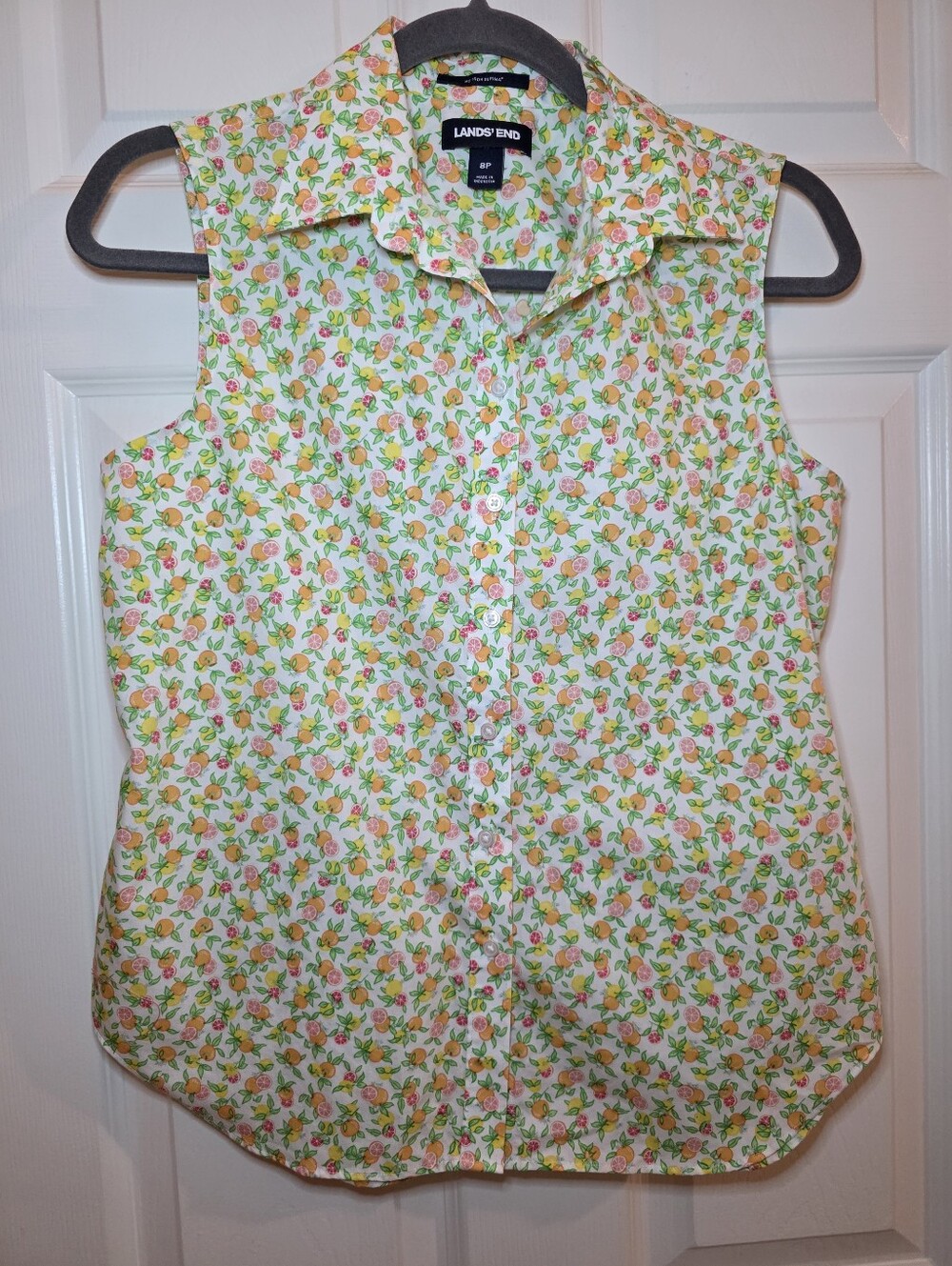 Lands End Petite 8P Orange Lemon Citrus No Iron Sleeveless Button Shirt Top